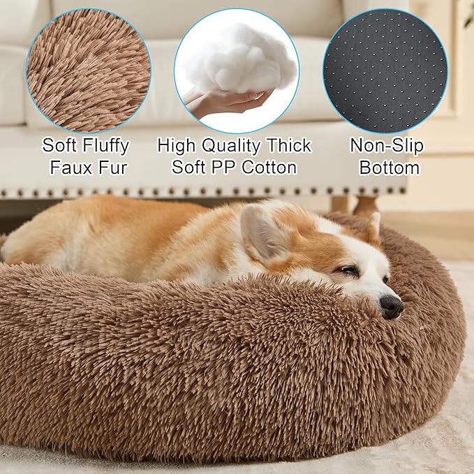 Dog Calming Beds for Small Medium Large Dogs - Round Donut Washable Dog Bed, Anti-Slip Faux Fur Fluffy Donut Cuddler Anxiety Cat Bed(36" Khaki)
