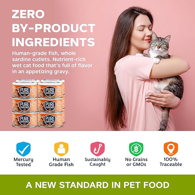 Pure Cravings Wet Cat Food Canned Tuna and Salmon Cutlets in Gravy, 100% Mercury-Tested, Moist Can Fish for Cats, Grain-Free, Protein, Non-GMO, Pack of 12