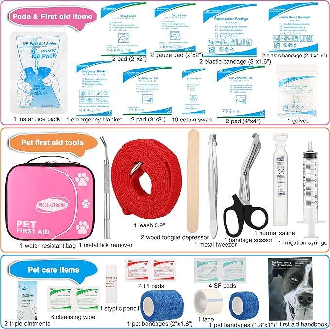 Pet First Aid Kit - Vet-Approved Survival Essentials for Dogs & Cats | Immediate Care Emergency Supplies with Trauma Pad, Tweezers & Bandages | Compact Travel Kit for Home, Camping, Car
