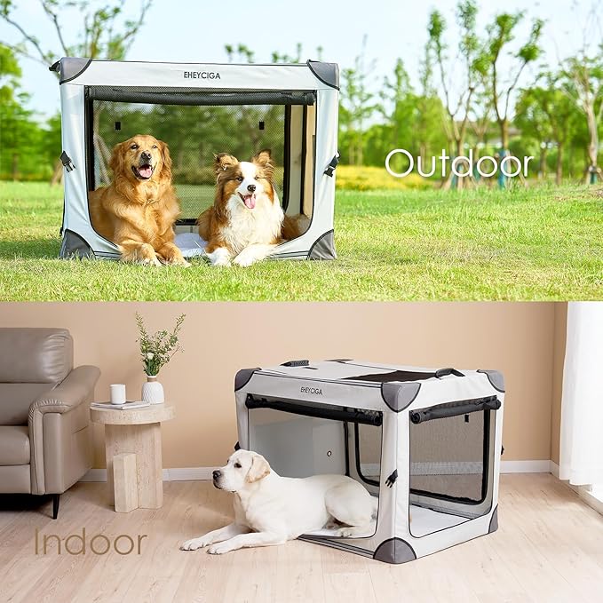 EHEYCIGA Collapsible Dog Crate 30 Inches, Portable Travel Crate for Medium Dogs, Soft Foldable Pet Kennel with 4-Door Mesh Windows Indoor & Outdoor, Grey