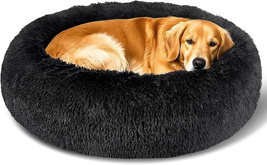 Dog Calming Beds for Medium Large Dogs - Round Donut Washable Puppy Dog Bed, Anti-Slip Faux Fur Fluffy Donut Cuddle Anxiety Cat Pet Bed(36" Black