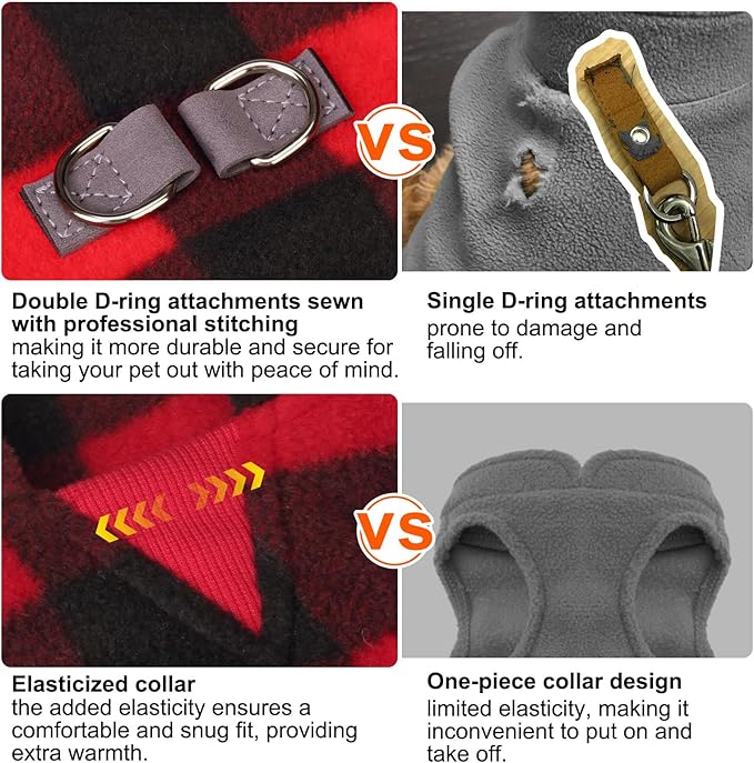 BEAUTYZOO Small Dog Sweater Fleece Vest Winter Jacket, D-Ring Leash Attachment for XS S Puppy Medium Sized Breeds Dogs, Cold Weather Dog Clothes Windproof Keep Warm, Christmas Red Plaid XL