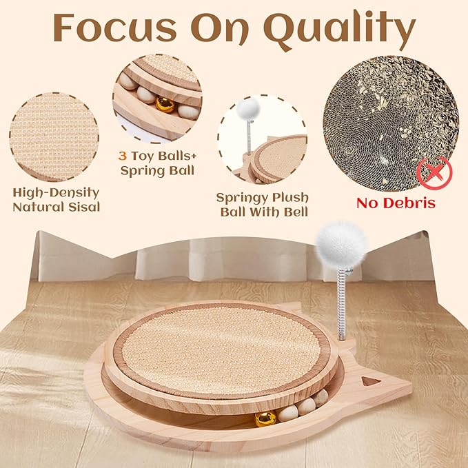 Natural Sisal Cat Scratcher, Round Cat Toys for Indoor Cats Interactive Toys with Ball Track Spring Ball, Kitten Toys for Chasing Hunting Mental Physical Exercise Puzzle
