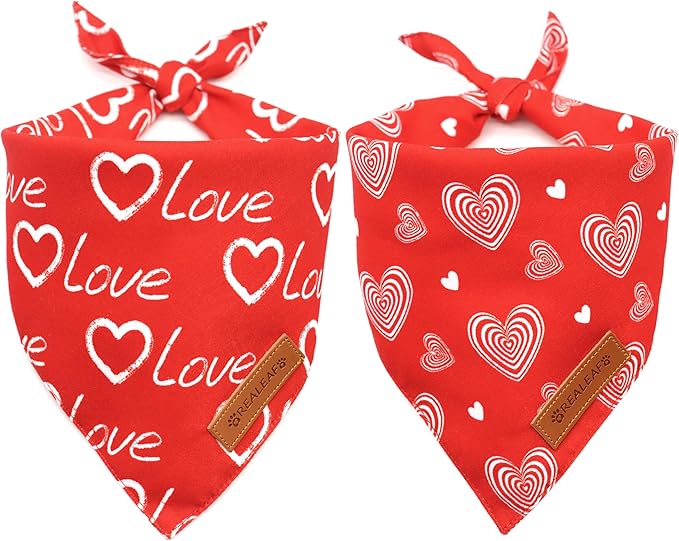 Realeaf Valentines Day Dog Bandanas 2 Pack, Reversible Love Pet Scarf for Boy and Girl, Premium Durable Fabric, Heart Bandana for Medium Large Dogs (Large)