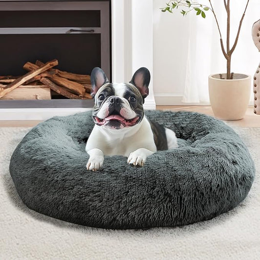JOLLYVOGUE Calming Dog & Cat Bed for Small Dogs, Anti-Anxiety Donut Cuddler Cozy Soft Round Bed with Anti-Slip Bottom, Fluffy Faux Fur Plush Cushion Beds for Small Medium Dogs (27")