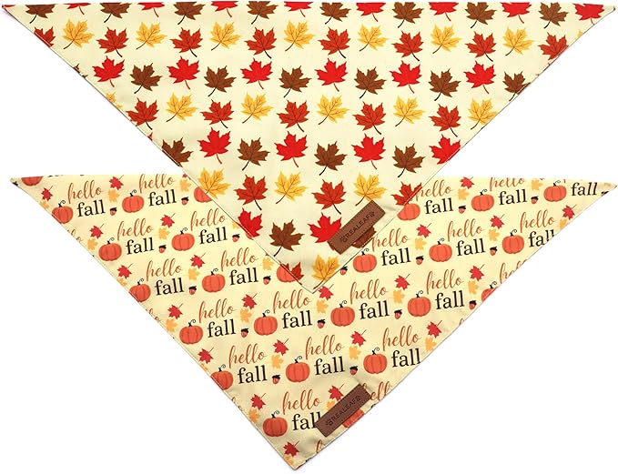 Realeaf Fall Dog Bandanas 2 Pack, Orange Pumpkin and Leaf Print Pet Scarf for Boy and Girl, Premium Durable Fabric, Holiday Bandana for Small and Medium Dogs (Small)
