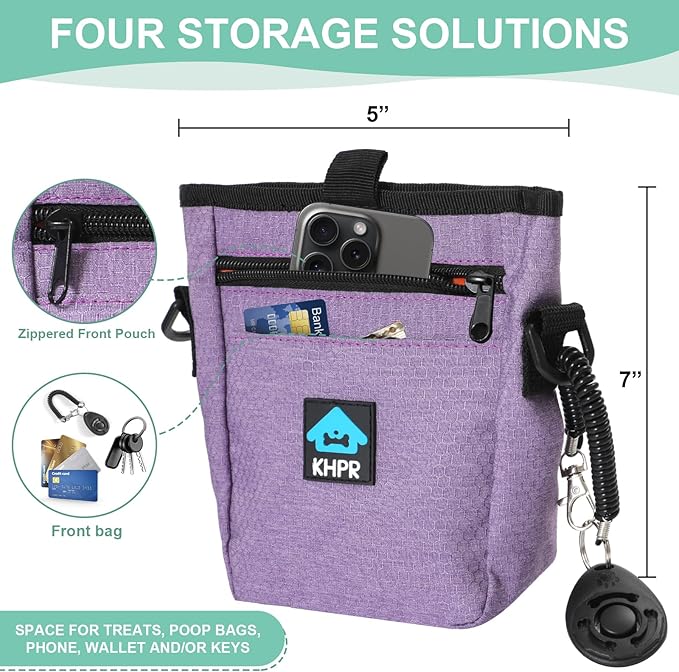 Dog Treat Pouch Magnetic Closure with Training Clicker，Hands-Free Design to Prevent Spills，Built in Poop Bag Dispenser，3 Ways To Wear，Metal Clip Waist Belt and Fanny Pack for Pet Walking（Purple）