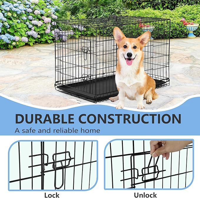 FDW 30 inch Dog Crate Dog Kennel Cage with Double Door Folding Metal Wire Dog Cage with Removable Tray&Divider Panel,Pet Crate for Medium Dogs,Black