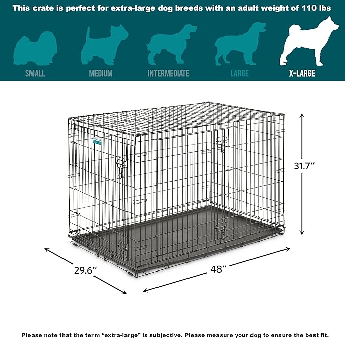 MidWest Homes for Pets 48-Inch Two-Door iCrate Folding Dog Crate with Divider Panel, Leak-Proof Tray & Secure Latches – Metal Wire Kennel for XL Breeds – Portable, Durable & Easy to Assemble