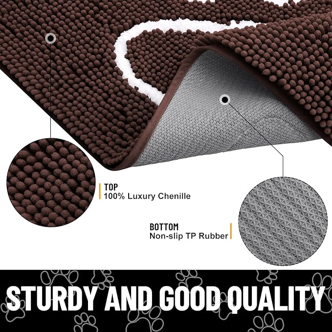 Smiry Dog Door Mat for Muddy Paws, Absorbent Dirt Trapper Non Slip Quick Dry Washable Chenille Mat for Mud Dogs, Entry Rug for Indoor and Outdoor (70x24 Inches, Brown and White)