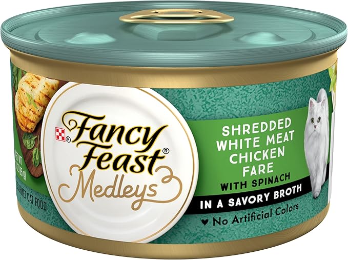 Purina Fancy Feast Wet Cat Food Medleys Shredded White Meat Chicken Fare With Spinach in Savory Cat Food Broth - (Pack of 24) 3 oz. Cans