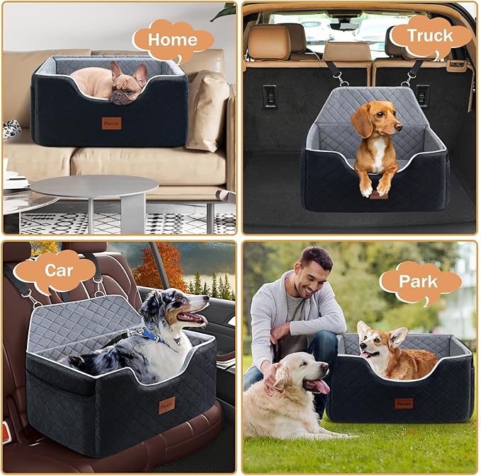 Dog Car Seat for Large-Medium Dogs: Pet Car Seat, Detachable Washable Dog Booster Seat, Pet Travel Bed with Storage Pockets and Dogs Safety Belt (Black, Large)