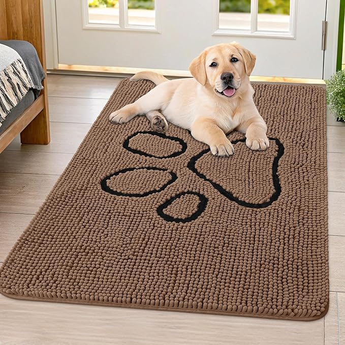 Smiry Dog Door Mat for Muddy Paws, Absorbent Dirt Trapper Non Slip Quick Dry Washable Chenille Mat for Mud Dogs, Entry Rug for Indoor and Outdoor (40x32 Inches, Coffee)