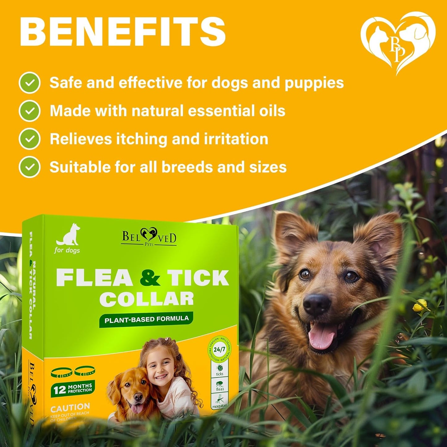 Natural Flea & Tick Repellent Collar for Dogs – Plant-Based, Waterproof, 6-Month Pest Protection – Adjustable, Safe (1 Pack, 2 Count)