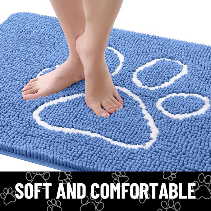 Smiry Dog Door Mat for Muddy Paws, Absorbent Dirt Trapper Non Slip Quick Dry Washable Chenille Mat for Mud Dogs, Entry Rug for Indoor and Outdoor (48x30 Inches, Cornflower Blue)