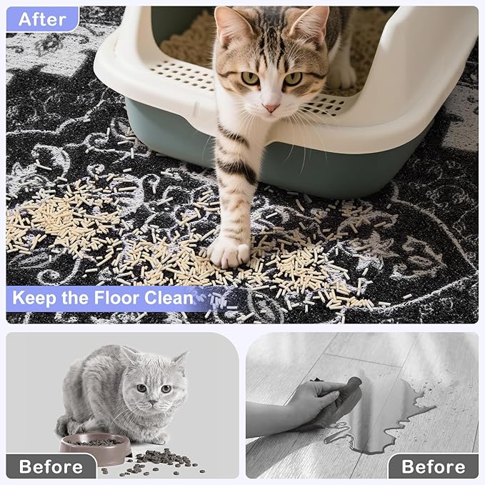 Bienbee Cat Litter Mat, 40" x 30" Jumbo Size Litter Box Mat Rug with Non-Slip Bottom, Easy to Clean Cat Supplies Accessories Essentials for Indoor Kitty Kitten Floor, Black XL