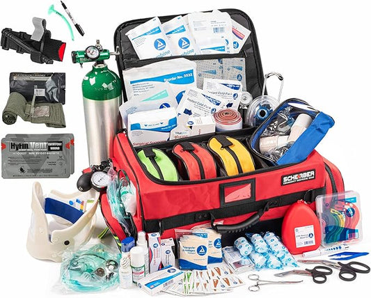 Scherber Fully-Stocked Premium First Responder Bag | HSA/FSA Approved | Large Pro EMT/EMS Trauma, Bleeding & Oxygen Medical Kit | CAT Tourniquet, HyFin Chest Seal & 250+ First Aid Supplies (Red)