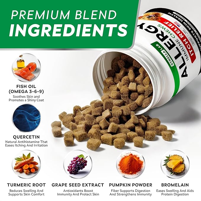 StrellaLab Dog Allergy Relief & Anti Itch Support Chews w/Omega 3: Real Ingredients, Real Taste! Skin & Coat Immune Supplement w/Fish Oil, Pumpkin & Enzymes — Developed by Experts - Made in USA -180Ct