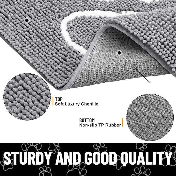 Smiry Dog Door Mat for Muddy Paws, Absorbent Dirt Trapper Non Slip Quick Dry Washable Chenille Mat for Mud Dogs, Entry Rug for Indoor and Outdoor (36x24 Inches, Grey and White)