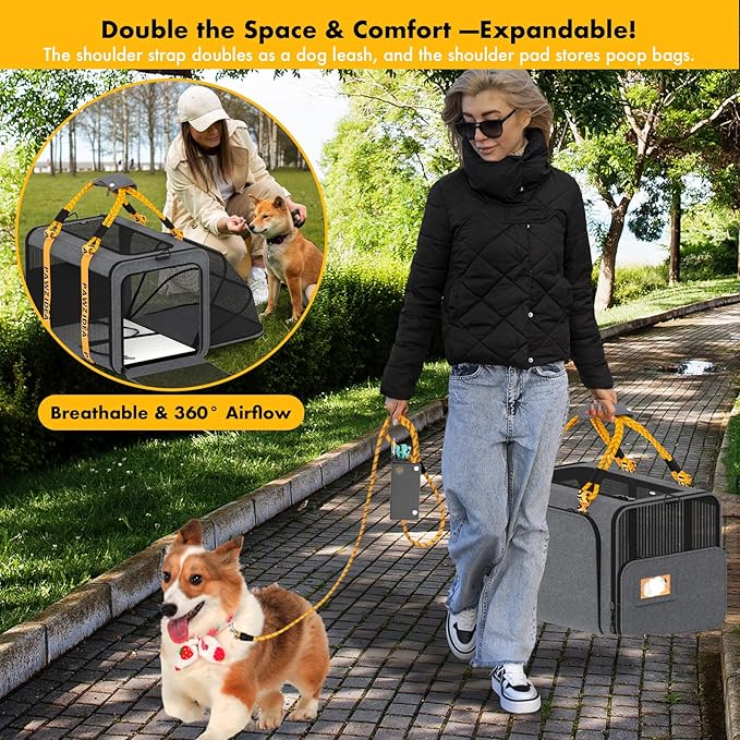 PAWZIDEA Expandable Large Pet Carrier with Wheels, 24x16x16 in Rolling Cat Carrier for 2–4 Cats up 55lb, Soft-Sided Collapsible Small Medium Dog Crate for Car Travel, Telescopic Handle, Storage Pocket