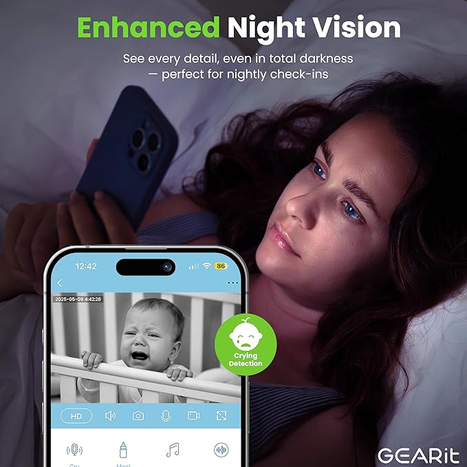 GEARit Baby Monitor with Camera & Audio 2K Video with Motion & Crying Detection, 2 Way Audio Easy WiFi Setup, Remote Monitoring - Easy to Set Crib Monitor with Adjustable Stand