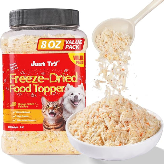 Just Try 8 OZ Fish Roe Freeze Dried Cat & Dog Food Toppers Mixers Grain Free Cat Treats for Indoor Cats Low Calorie Real Chicken Egg Yolk Omega 3 Supports Skin & Coat Health