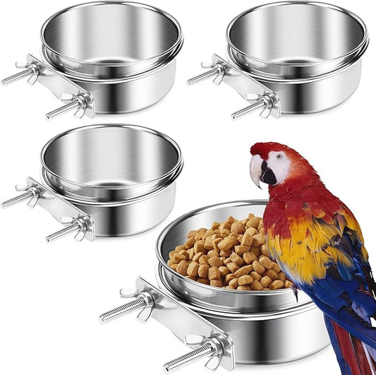 ToLanbbt 4 Pcs Stainless Steel Bird Food Bowls Water with Double Screws and Clamp Holders, Parrot Feeding Dish Cups Parrot Cage Coop Feeders for Cockatiel Conure Budgie Parakeet Macaw Small Animal, M