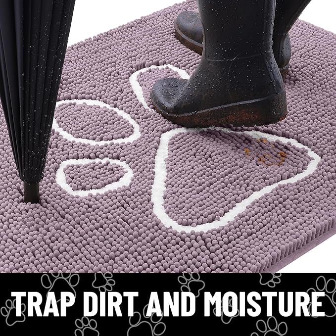 Smiry Dog Door Mat for Muddy Paws, Absorbent Dirt Trapper Non Slip Quick Dry Washable Chenille Mat for Mud Dogs, Entry Rug for Indoor and Outdoor (30x20 Inches, Deep Plum)