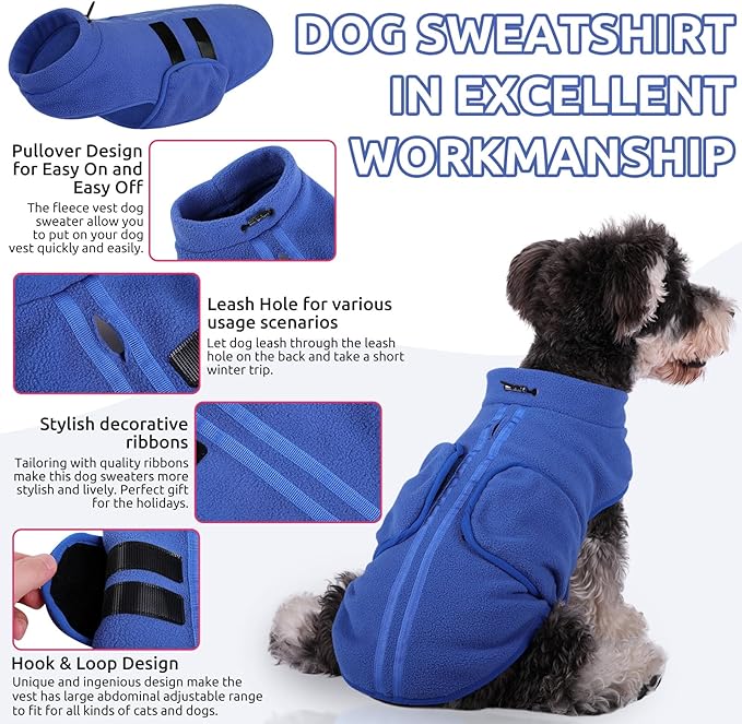 Queenmore Small Dog Sweater, Soft Fleece Vest Pullover Dog Jacket with Leash Hole, Warm Winter Dog Coats Cold Weather Doggy Dachshund Sweaters for Small Dogs Cats Boy or Girl (Blue, XS)