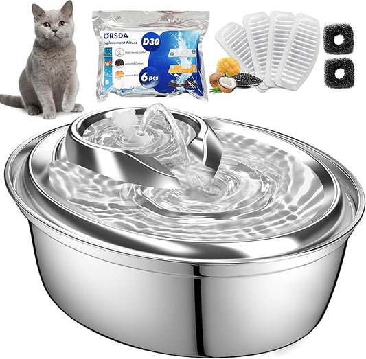 ORSDA Cat Water Fountain Stainless Steel, 2L Pet Fountain for Cats Inside, Dog Water Dispenser, Automatic Cat Drinking Fountains with 6 Replacement Filters for Cats, Small Dogs