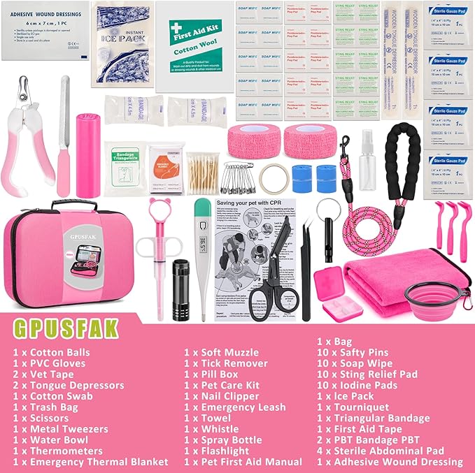 Pet First Aid Kit for Dogs - Pet Emergency Kit for Camping Hiking Traveling Hunting and Sports (Pink)