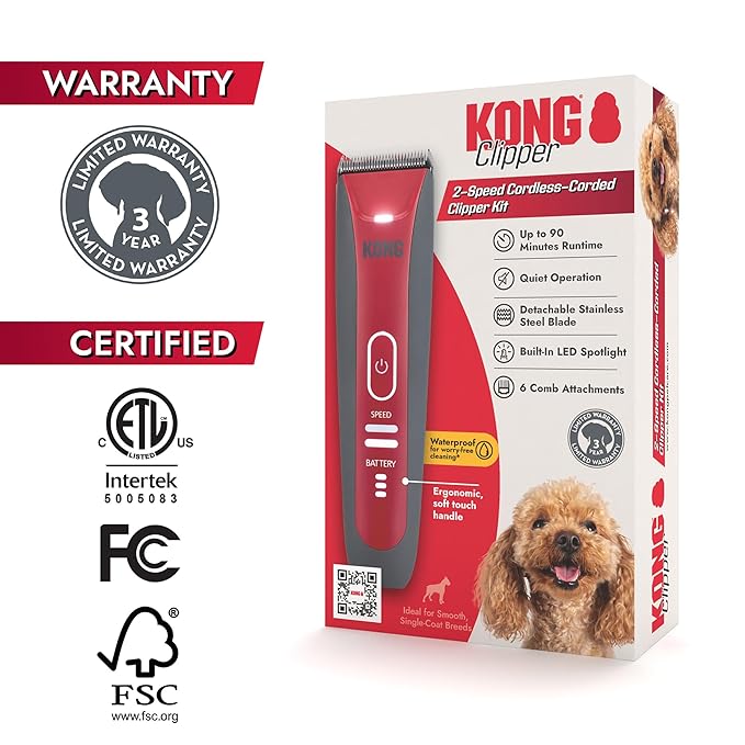 KONG 2-Speed Cordless-Corded Dog Clipper Kit – Stainless Steel Blade, Waterproof, LED Spotlight, Use-While-Charging, 6 Guide Combs, Ergonomic Handle – Red/Gray, Medium Coat Types
