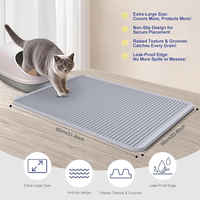 Silicone Cat Litter Mat for Litter Box - Large 31" x 23" Waterproof Litter Trapping, Non-Slip, Durable, Easy Clean Scatter Control & Washable Kitty Floor Mat