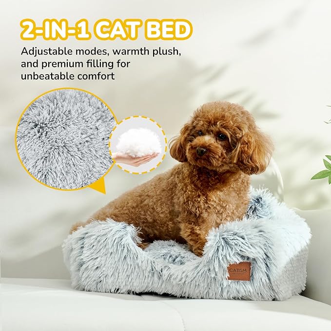 CATISM Cat Beds for Indoor Cats 2 in 1 Cat Bed Cave Machine Washable Fluffy Cat Cave Bed Foldable Non-Slip Washable Cushioned Pillow Soft Plush Premium Cotton Pet Bed for Kittens and Small Dogs Gray L