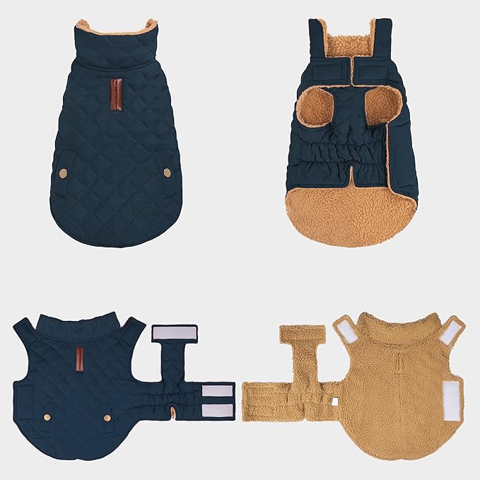 azuza Dog Jacket Waterproof & Windproof Dog Coat for Small Dogs with Thick Fleece, High Collar with Leash Hole, Adjustable Velcro & Elastic Belly, Navy XL