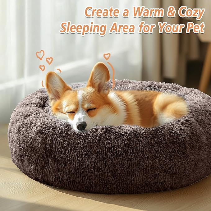 JOLLYVOGUE Medium Calming Dog Bed, Anti-Anxiety Donut Cuddler Cat Bed with Anti-Slip Bottom, Fluffy Faux Fur Machine Washable Pet Cushion for Medium Large Dog & Cat (31")