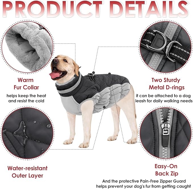 AOFITEE Dog Coat, Warm Dog Jacket, Reflective Winter Coats for Medium Dogs, Turtleneck Dogs Winter Jacket with Harness Built in, Waterproof Windproof Pet Fleece Vest Puffer Jacket, Grey M