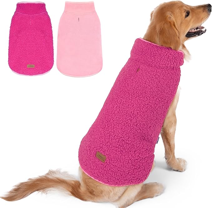 cyeollo 3XL Warm Dog Coat, Fleece Winter Coats Sherpa Reversible Dog Jacket Soft Doggy Sweater with Leash Hole for Large Dogs Soft Pet Coats for Cold Weather, Fuchsia XXXL