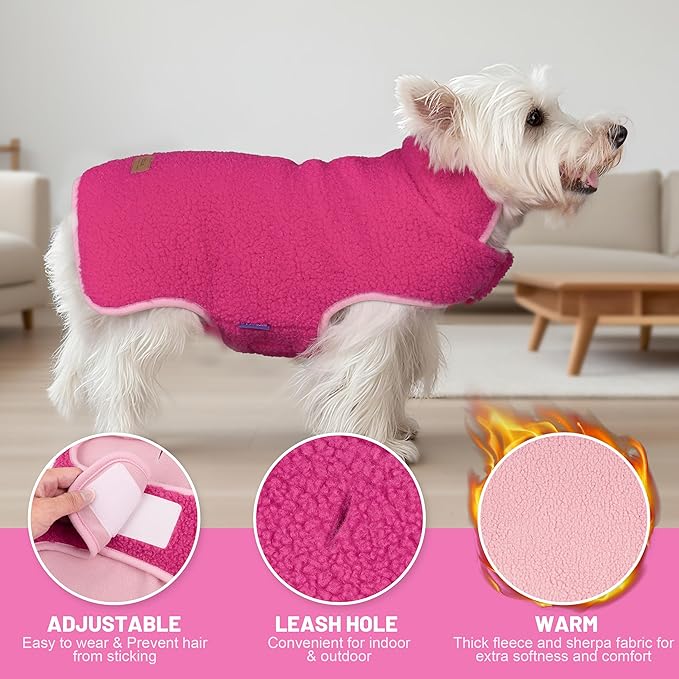 cyeollo Warm Dog Coat Sherpa Dog Winter Coat, Reversible Fleece Doggie Jackets Sweater Vest for Small Dogs Male with Leash Hole, Soft Cold Weather Pet Coats, Fuchsia S