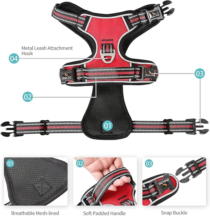 HEELE Dog Harness Medium No Pull Vest Harness Adjustable Reflective and Durable for Outdoor Training, Red, M