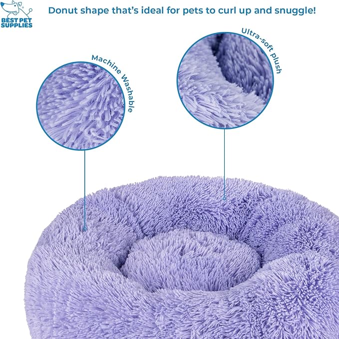 Best Pet Supplies Round Donut Dog Bed with Plush Faux Fur Fabric, Calming, Anti-Anxiety Cushion for Indoor Pets, Slip-Resistant Base, Soft Ergonomic Support - Lavender, 27x27x7.5''