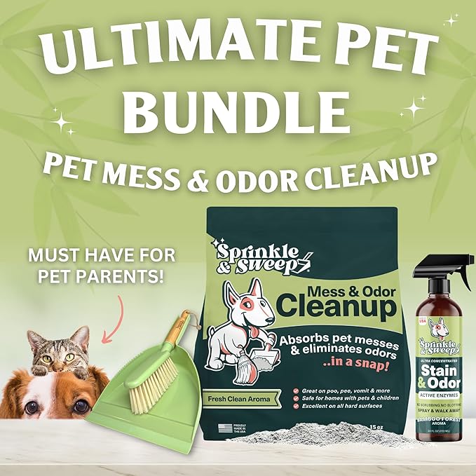 Sprinkle & Sweep Pet Accident Cleanup for all Hard Surface - Non Toxic Quick Pet Mess Cleaner & Odor Remover for Urine, Poop, Vomit, Diarrhea & Potty Training (1Bag + Sweepr Kit + 1 Spray)