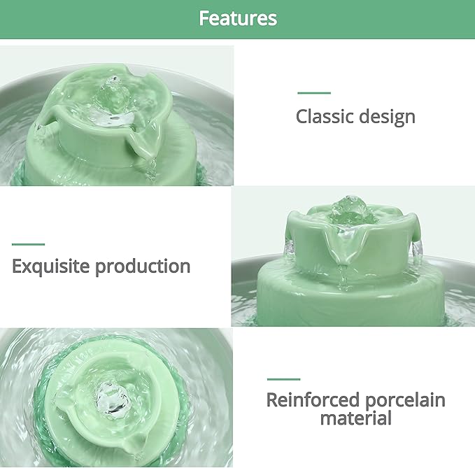 Ceramic Cat Water Fountain, 2.1L/71oz Cupcake Cat Fountain for Dog and Cat Indoor, 2 Ultra Quiet Pumps (Green)