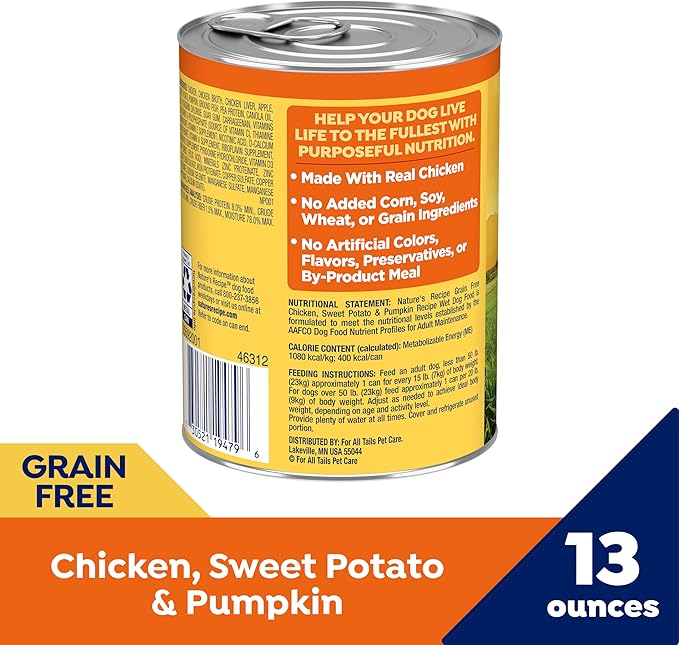 Nature's Recipe Grain Free Chicken, Sweet Potato, and Pumpkin Recipe Wet Dog Food, 13 oz. Can, 12 Count