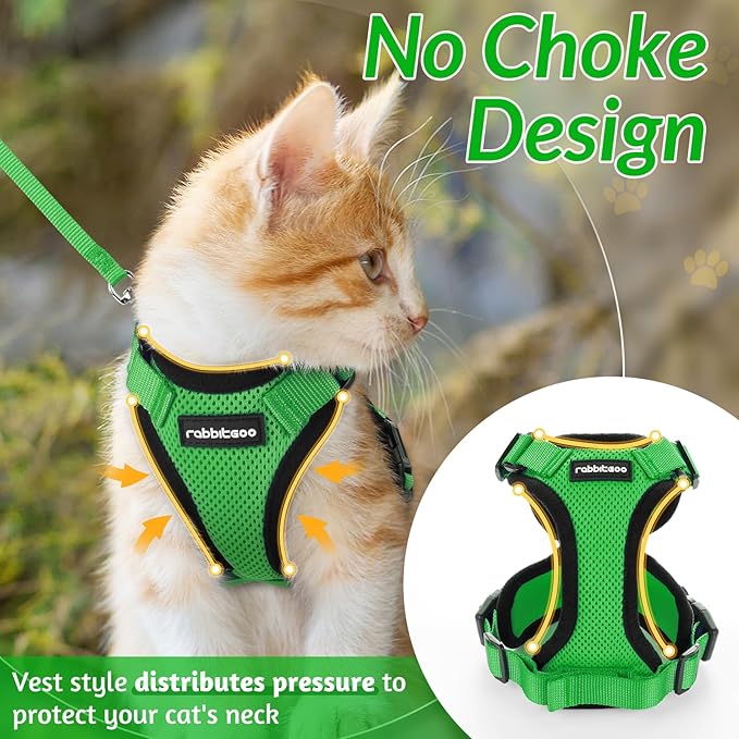rabbitgoo Cat Harness and Leash for Walking, Escape Proof Soft Adjustable Vest Harnesses for Cats, Easy Control Breathable Reflective Strips Jacket, Grass Green,S