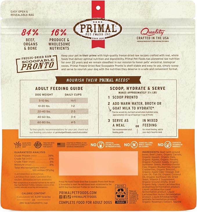 Primal Freeze Dried Dog Food, Pronto Mini Nuggets, Beef; Scoop & Serve, Complete & Balanced Meal; Also Use as Topper or Treat; Premium, Healthy, Grain Free High Protein Raw Dog Food (25 oz, 2-Pack)