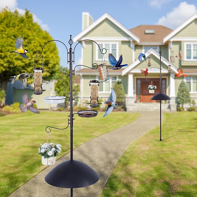 Backyard Expressions Heavy Duty Bird Feeding Station Kit w/Squirrel Baffle - 90" Bird Feeder Pole with 5 Prong Base, Suet Feeder, Mesh Feeding Tray, 4 Feeder Hooks, Water Dish - Black w/Gold Fleck