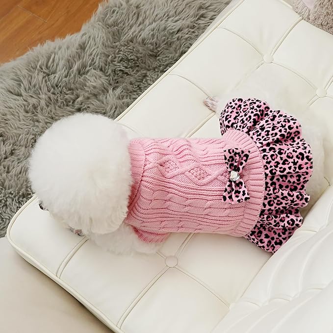 WOYYHO Girl Dog Sweater Dress with Bowtie Turtleneck Small Dogs Sweater with Leash Hole, Knitted Small Dog Sweaters Dress Puppy Winter Clothes for Yorkies Chihuahua (Large, Pink Leopard)
