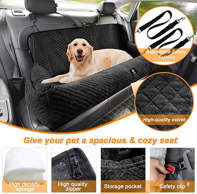 Sephyroth Dog Car Seat for Medium/Large Dogs Under 100LBS,Dog Car Bed Washable Pet Travel Safety Car Seat,Super Soft Safe Removable,Fits for All Cars Back Seat(Black)