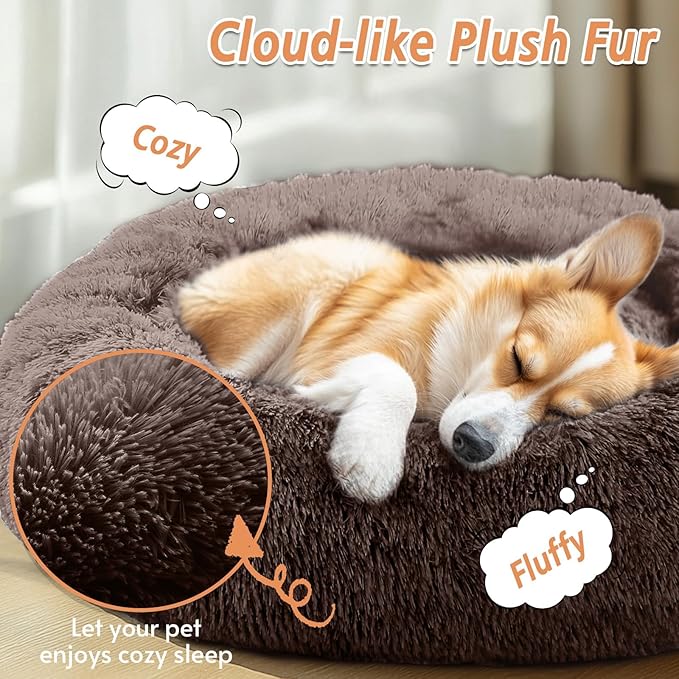 JOLLYVOGUE Calming Dog & Cat Bed for Small Dogs, Anti-Anxiety Donut Cuddler Cozy Soft Round Bed with Anti-Slip Bottom, Fluffy Faux Fur Plush Cushion Beds for Small Medium Pets (23")